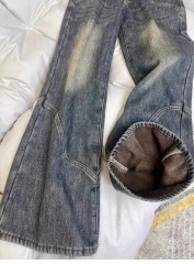 American style low-leg jeans for women, autumn and winter new style, plus velvet design, versatile, slimming, loose wide-leg pants