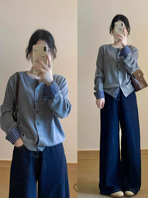 Gray small fragrant fake two-piece bottoming shirt cardigan sweater jacket for women autumn and winter lazy high-end knitted sweater top