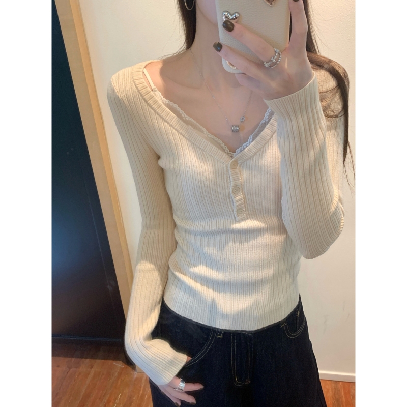 Autumn and winter Korean version v-neck button design slim fit layered sweater bottoming Andy velvet long-sleeved sweater