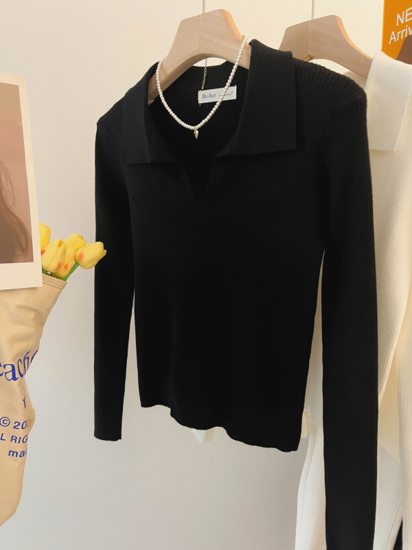 Early autumn new Korean style soft and waxy little sweet Polo collar wool knitted bottoming shirt women's long-sleeved top