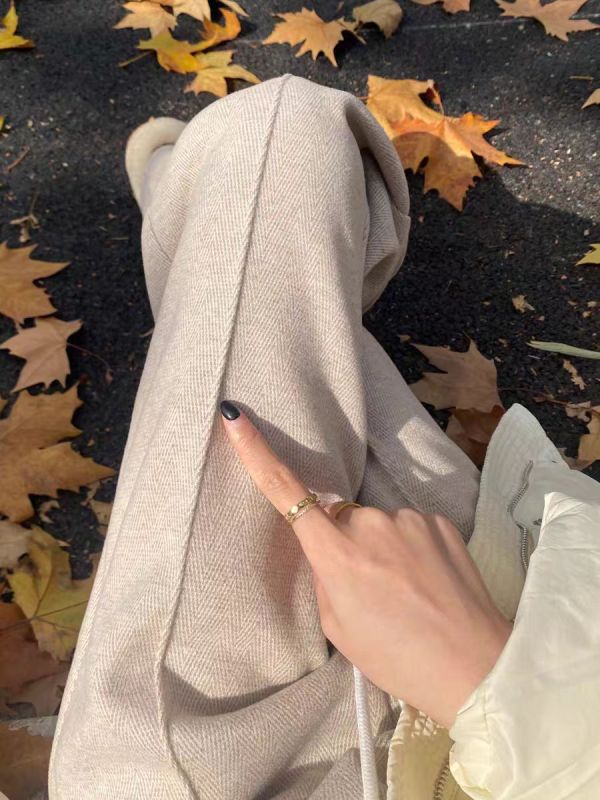 Velvet apricot herringbone pattern casual wide-leg pants for women in autumn and winter high-waist drape narrow version versatile loose straight pants trousers