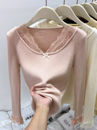 Pure Desire Sexy Lace Spliced ​​Long-Sleeved Sweater Women's Autumn Hot Girl Short Elastic Slim Slim Inner Top