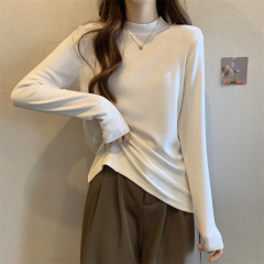 All three standards~large size fat mm round neck embroidered long-sleeved soft and versatile inner bottoming shirt top