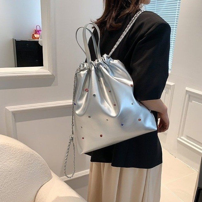 Korean fashion casual women's bag stitched with colorful gemstone chain backpack student large capacity drawstring handbag