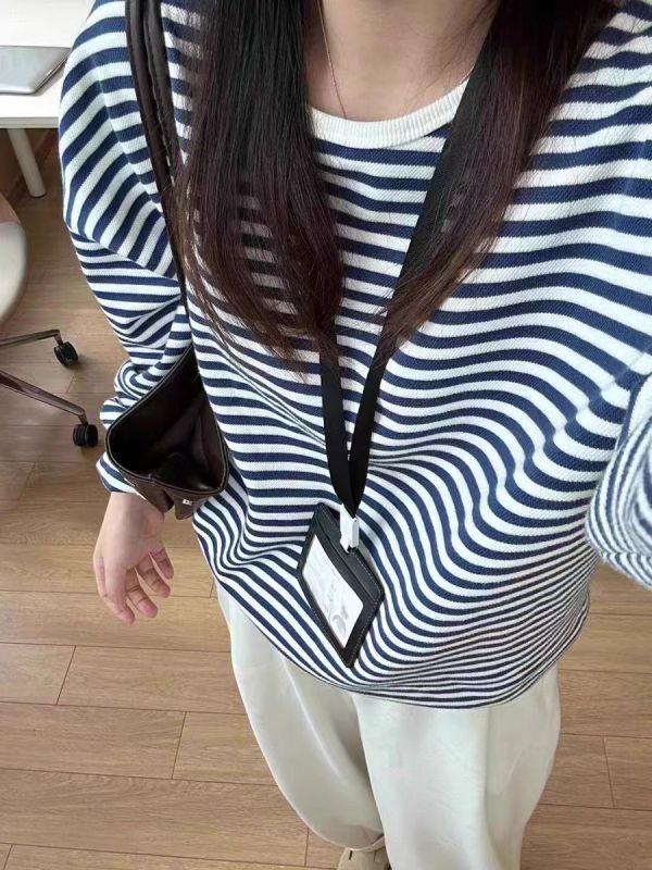 Guangzhou Fabric Korean Blue and White Striped Round Neck Sweater Women's Relaxed Lazy Style Loose Long Sleeve Top