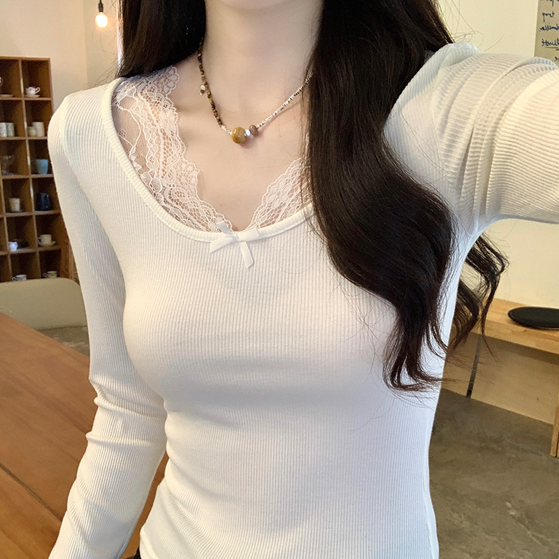White lace long-sleeved T-shirt for women autumn 2024 new slim fit inner short top