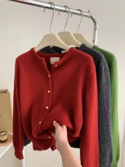 Gentle retro small gold button round neck knitted cardigan for women 2024 spring and autumn loose casual basic versatile sweater jacket