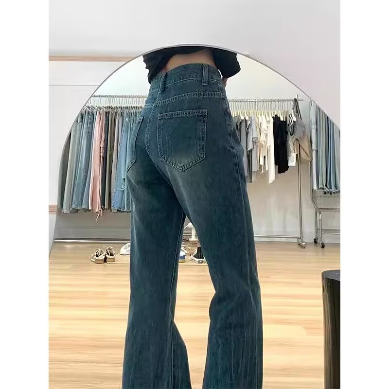 Large size black micro-flared jeans for women 2024 new autumn and winter elastic high-waisted loose slimming horseshoe pants