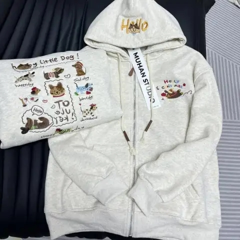Original craftsmanship American retro college style cartoon embroidery loose and versatile velvet hooded zipper sweatshirt