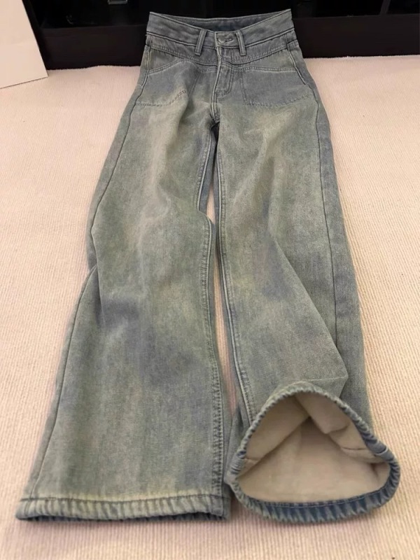Korean velvet thickened loose straight jeans winter new retro washed high-waist slim wide-leg pants for women