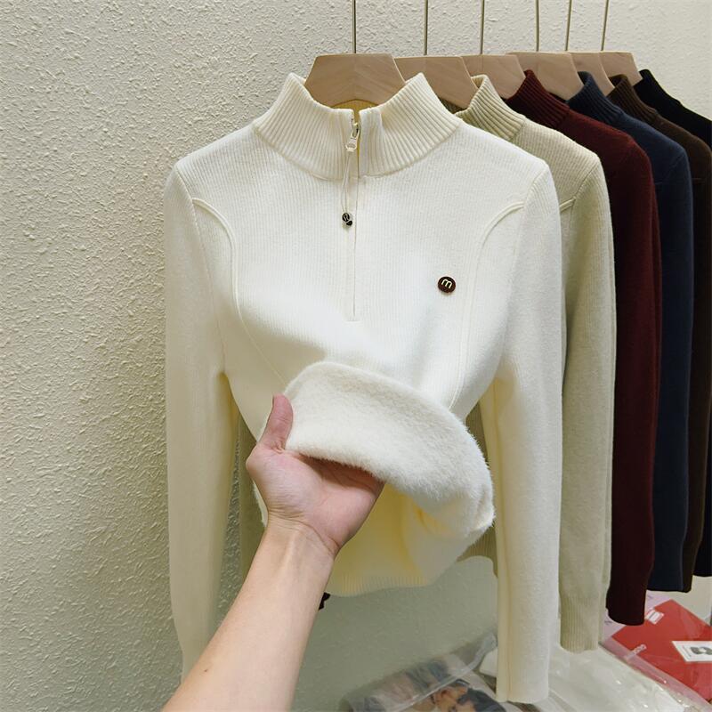 One-piece velvet thickened sweater women's autumn and winter new half open collar zipper knitted bottoming shirt slim inner top