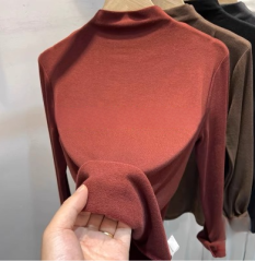 Solid color versatile half turtleneck long-sleeved T-shirt for women 2024 autumn and winter new style foreign style inner layer plus thin velvet bottoming shirt top