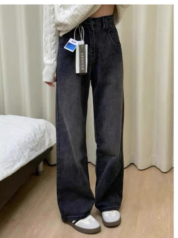 Black and gray straight-leg jeans for women in autumn and winter new style high-waisted loose slimming pear-shaped figure floor-length wide-leg pants trendy