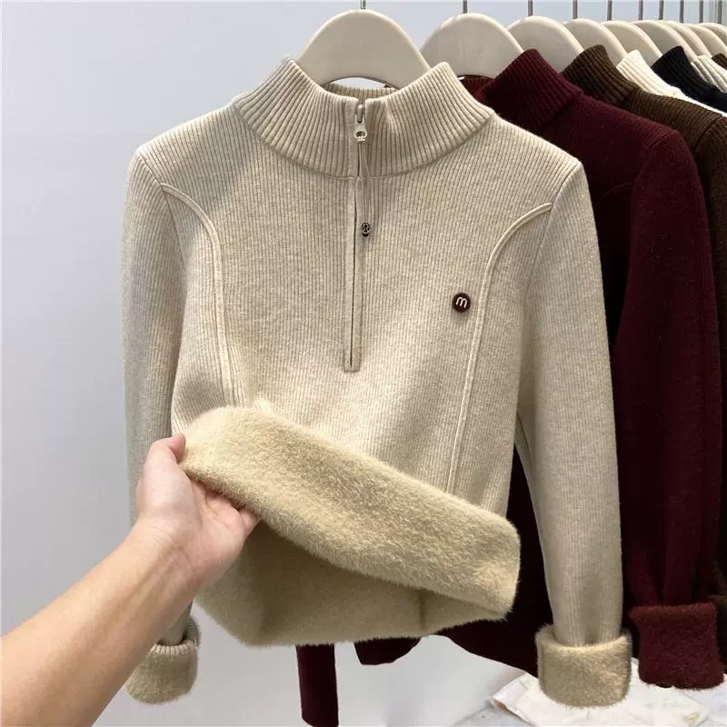 One-piece velvet thickened sweater women's autumn and winter new half-open collar zipper knitted bottoming shirt slim and warm inner top
