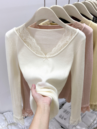 Pure Desire Sexy Lace Spliced ​​Long-Sleeved Sweater Women's Autumn Hot Girl Short Elastic Slim Slim Inner Top