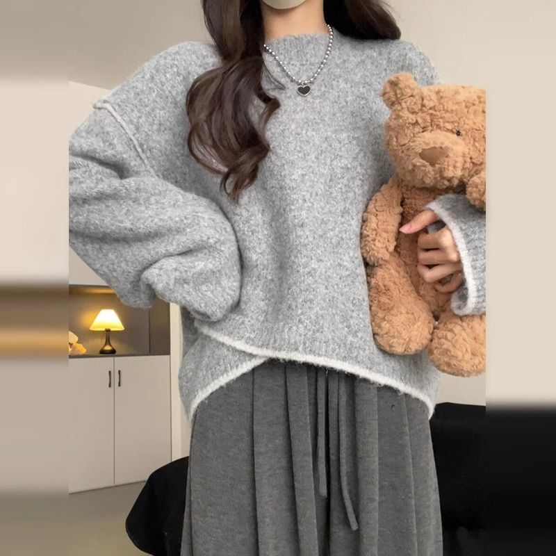 Official picture of special yarn long-sleeved tops knitted sweaters round neck 2024 short slim fit bottoming women's autumn and winter warm sweaters