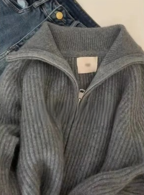 Korean high-end raccoon velvet gray lapel knitted cardigan for women winter double zipper thickened sweater jacket top