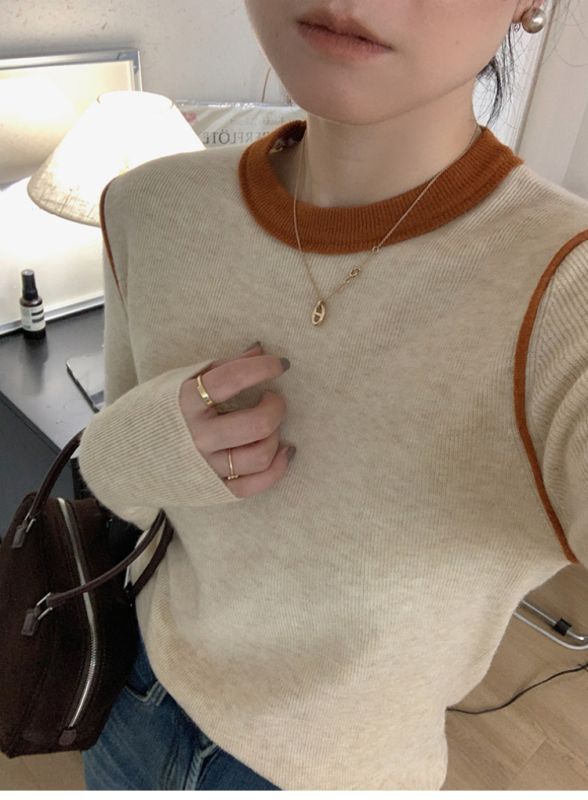 Su Anjia Round Neck Half Turtle Neck Milk Chestnut Keluli Slimming Small Round Neck Colored Yarn Knitted Sweater