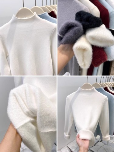 Korean style half turtleneck knitted sweater for women, soft and waxy one-piece velvet thickened warm top, autumn and winter temperament, inner layering shirt