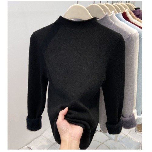 Korean style half turtleneck knitted sweater for women, soft and waxy one-piece velvet thickened warm top, autumn and winter temperament, inner layering shirt