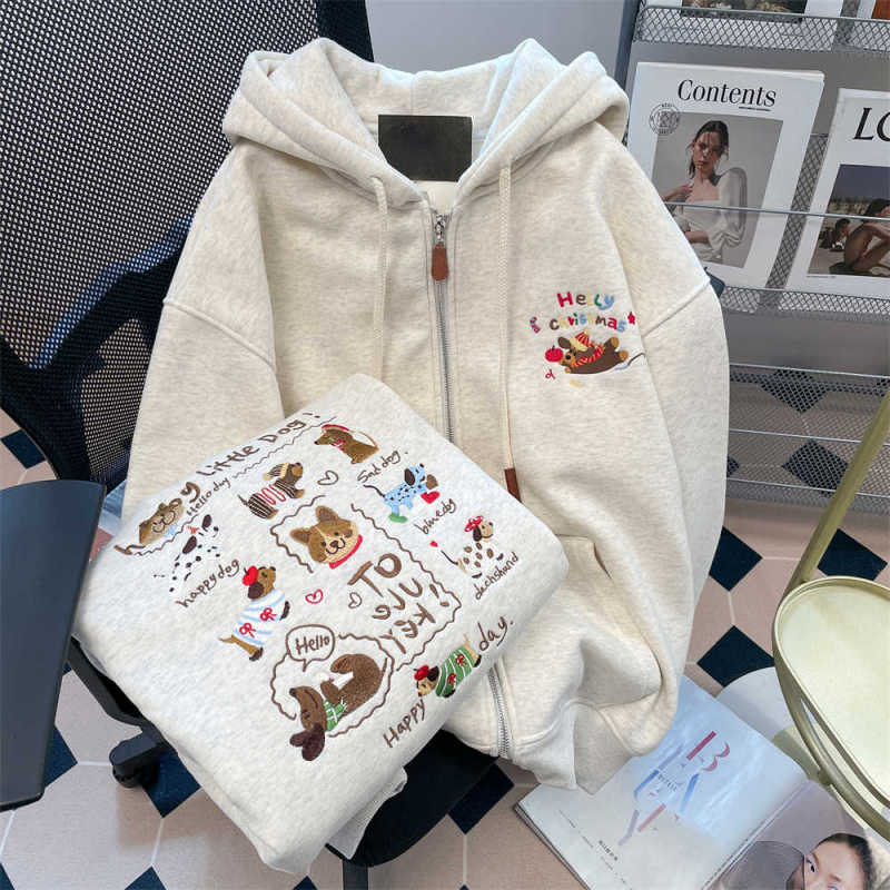 Plush embroidered puppy cardigan jacket for women, high-end, super good-looking, western style, age-reducing hooded sweatshirt