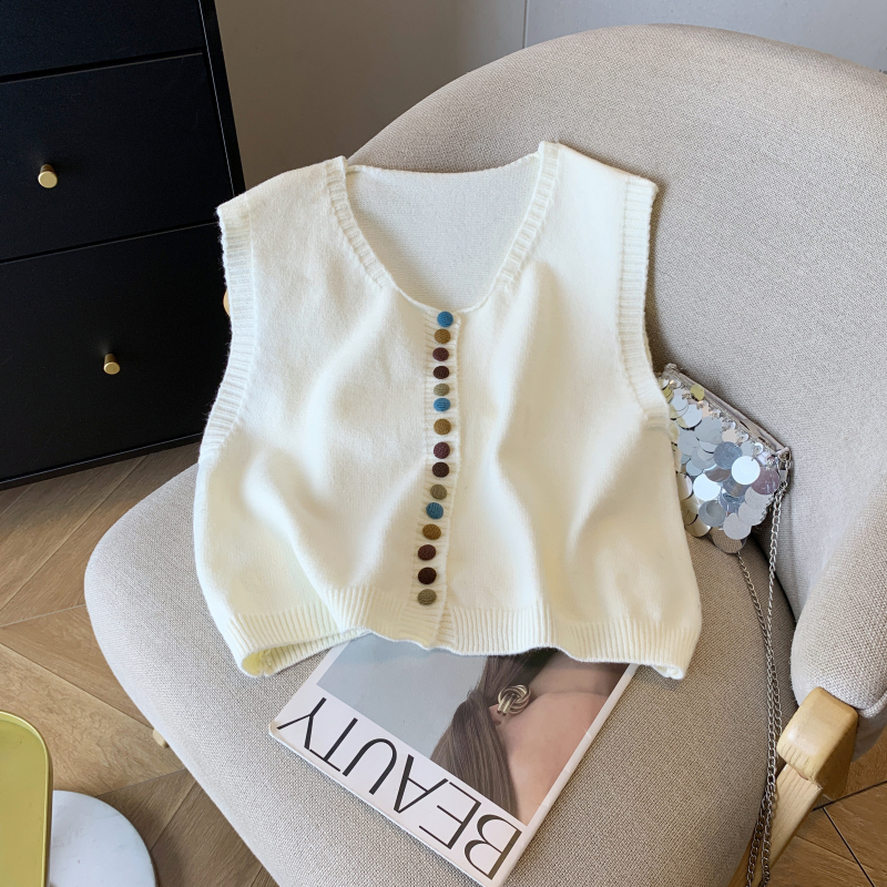 Spot Retro Casual Style Rainbow Button Knitted Vest Women's New Layered Versatile Top