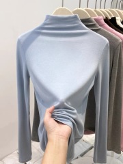 Half turtleneck bottoming shirt, women's long-sleeved T-shirt, autumn and winter high-end new style, mid-collar with white brushed plus velvet top