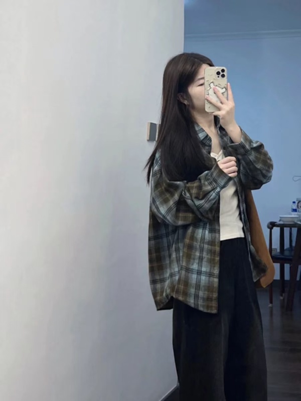 Trendy two-color brushed plaid shirts for men and women, spring retro American loose long-sleeved shirts, couple jackets