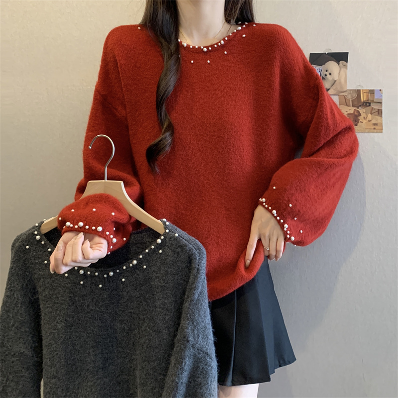 Large size Korean heavy industry collar beading exquisite furry soft glutinous round neck sweater