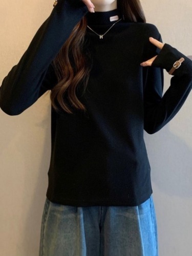 Spot large size design semi-high collar label long-sleeved slimming T-shirt women's autumn bottoming shirt 1387
