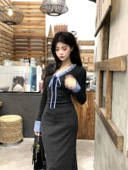 Plus Size ~ Graceful Shadow Gray V-neck Skirt New Autumn and Winter Contrast Color Splicing Design Dress