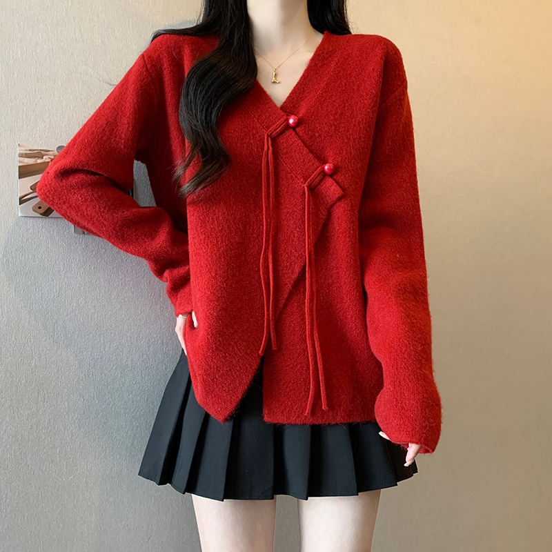 Large size lazy style red sweater for women 2024 new autumn and winter fat mm loose national style v-neck sweater jacket
