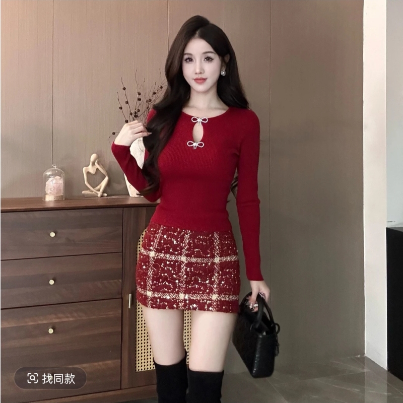 New winter bow-knot design slim-fitting top