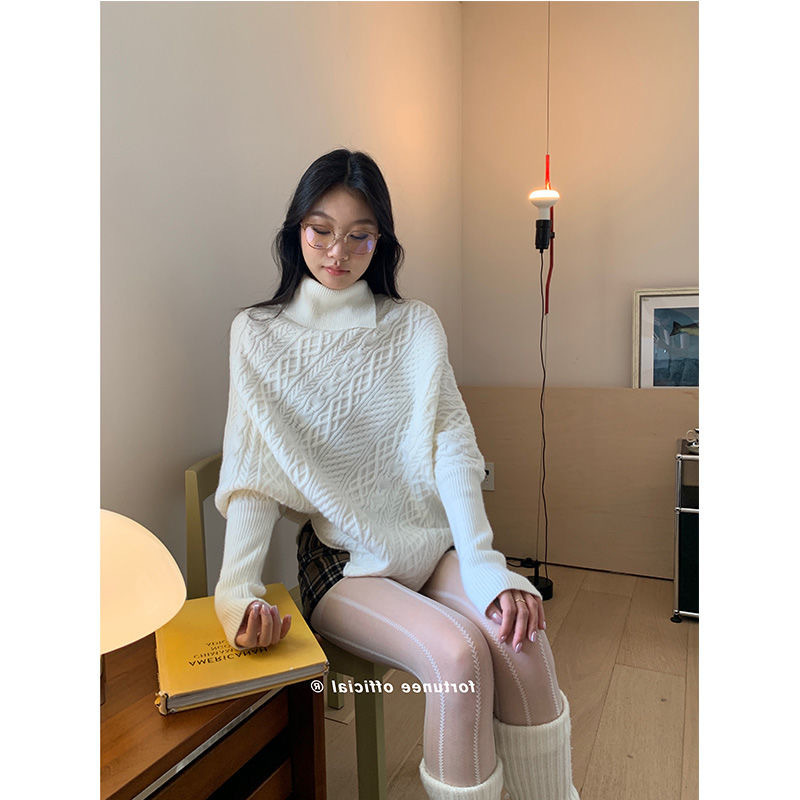 Korean style gentle style irregular high collar bat sleeve knitted sweater autumn and winter design loose slimming sweater