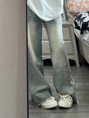 Retro yellow mud-colored wide-leg jeans for women, new summer style, high-waisted, loose-fitting, hip-covering, slimming, raw-edged straight long trousers