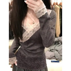 2024 autumn and winter new French V-neck pure lust lace stitching long-sleeved women's slimming design sexy top
