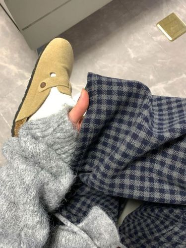 Retro contrasting plaid wide-leg pants for women in autumn and winter plus velvet and thickened lazy style casual pants