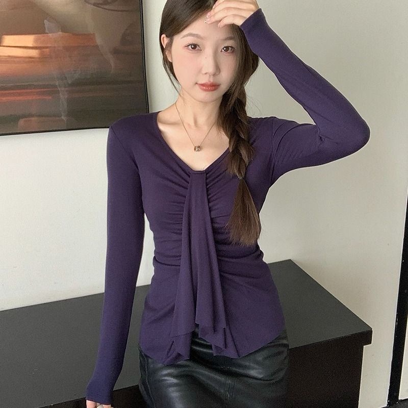 Large size retro long-sleeved T-shirt for women in autumn casual right shoulder bottoming shirt for fat girls slimming top