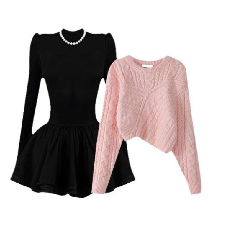 Plus size women's clothing 2024 new dopamine high-end temperament knitted sweater waist slimming dress two-piece set