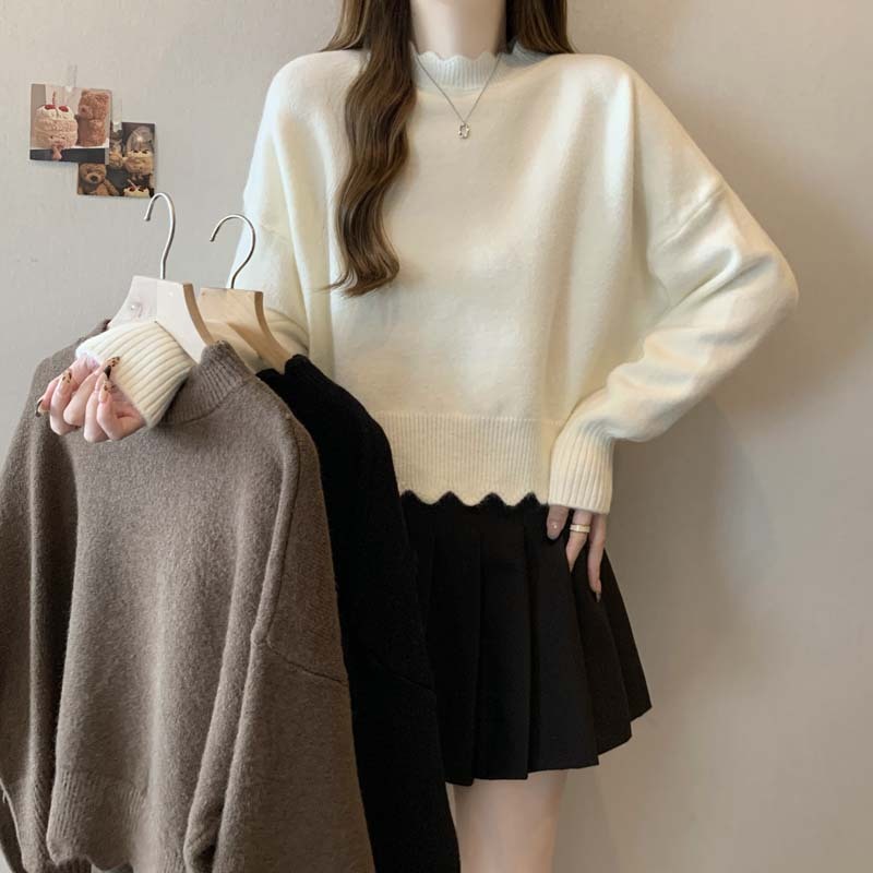 2024 Autumn and Winter New Ruffled Pullover Solid Color Knitted Sweater Women's Large Size Versatile Casual Top