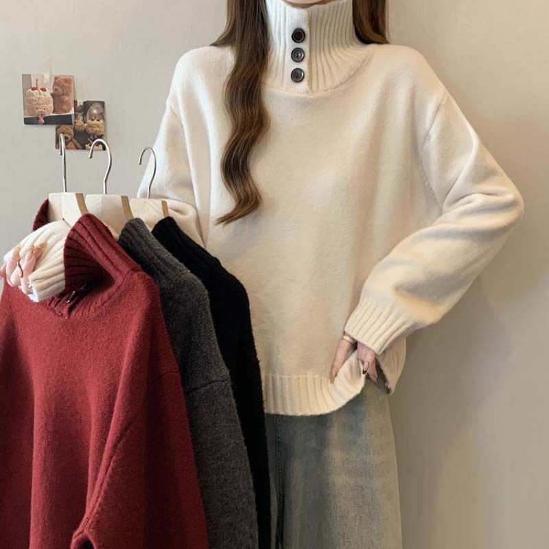 2024 Autumn and Winter New Half Turtle Collar Single Breasted Solid Color Knitted Sweater Women's Large Size Versatile Casual Top