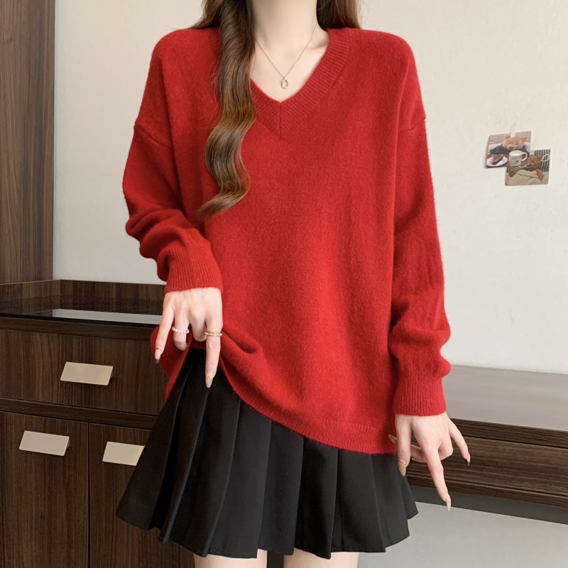 Plus size fat girl Korean style simple versatile lady casual loose V-neck pullover solid color sweater top