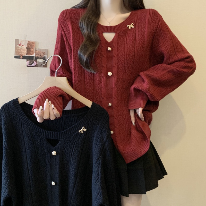Large size design sense round neck hollow top women's twist sweater fat mm loose inner style knitted sweater