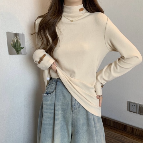 Spot large size design semi-high collar label long-sleeved slimming T-shirt women's autumn bottoming shirt 1387
