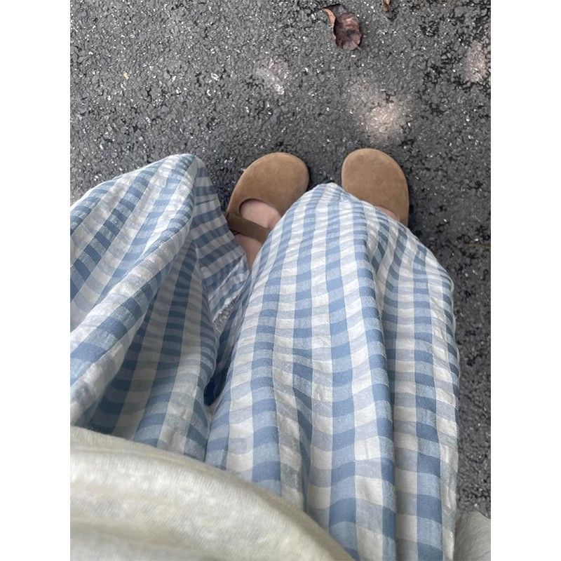 Small nine-point pants for women blue plaid small fresh lazy casual pants summer thin loose wide legs drape high waist