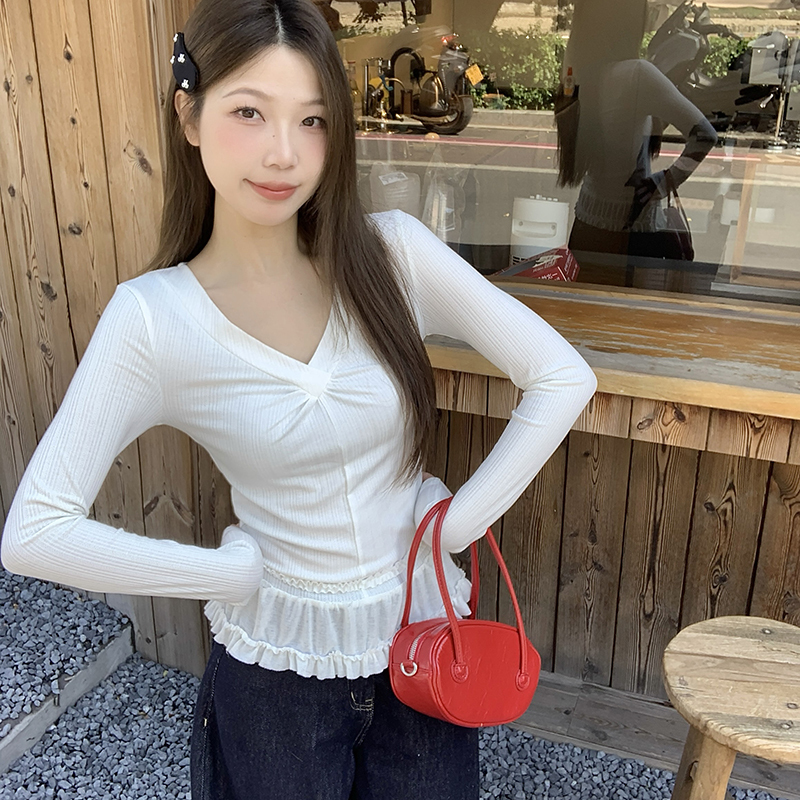 Large size fat mm stacking design tops for women in autumn and winter with design v-neck bottoming shirts M-4XL
