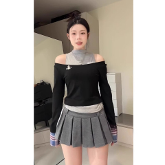 Large size fat MM fake two-piece spliced ​​off-shoulder design women's new autumn and winter slimming Korean style inner top