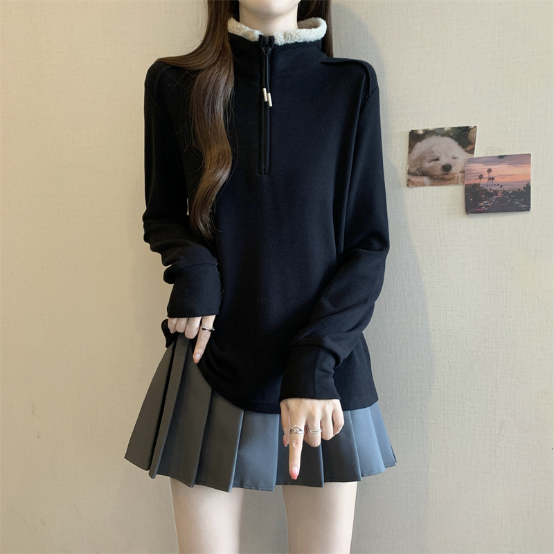Autumn and winter large size new German velvet half-zip spliced ​​lambswool stand-up collar soft and waxy warm loose and versatile top