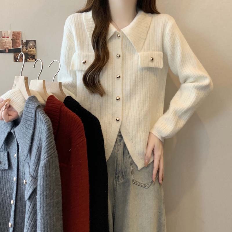 2024 Autumn and Winter New Single-breasted Solid Color Simple Knitted Sweater Women's Large Size Versatile Slim Top