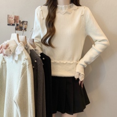 Large size high-end lace splicing lace collar western style inner thickened one-piece velvet all-match slimming bottoming shirt